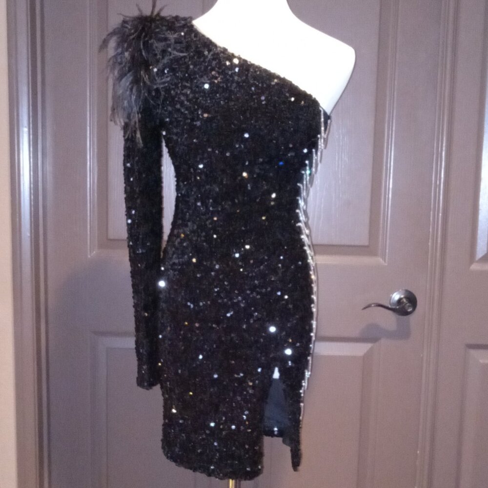 Black sequin glitzy showgirl cocktail dress with peek-a-boo side, size S or XS